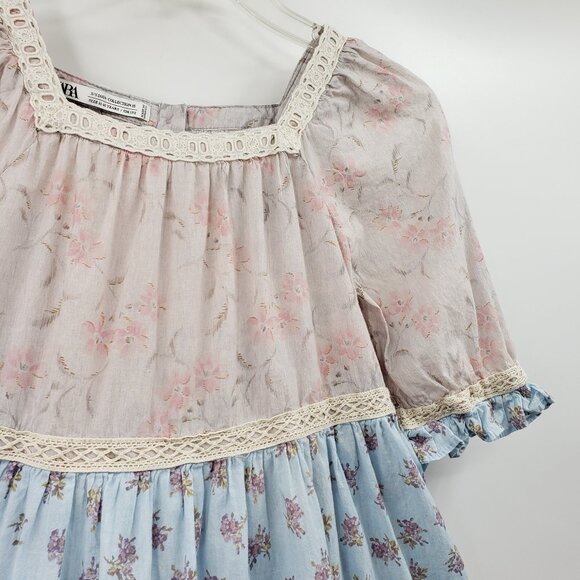 Zara Girl's Tea Dress Size 11 - 12 Years Pink Blue Tan Floral Tiered Lace Trim - Picture 3 of 8
